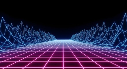 Vibrant neon grid landscape with glowing mountain outlines creates a stunning retro wave vibe, perfect for futuristic designs and vibrant digital art projects or dynamic tech backgrounds
