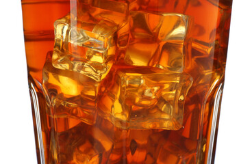Tasty coffee with ice cubes in glass isolated on white
