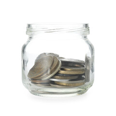 Jar with coins isolated on white. Money savings