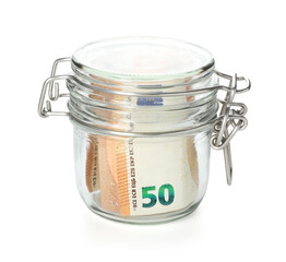Jar with euro banknote isolated on white. Money savings