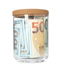 Jar with dollar banknotes isolated on white. Money savings
