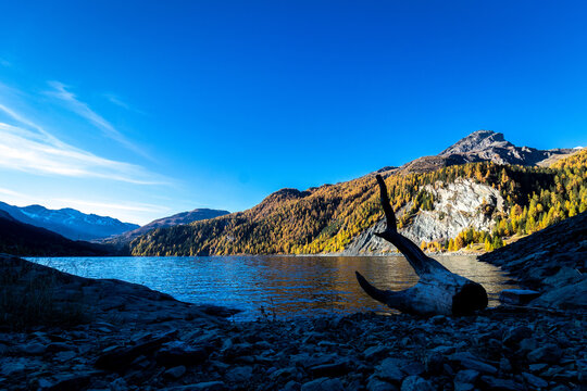 Marmorera Stausee im Herbst im Engadin in Graub&uuml;nden in der Schweiz