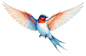 Fototapeta premium A watercolor illustration depicting the grace of a swallow in flight. The bright blue and white plumage of the bird is isolated on a white background, embodies grace and freedom.