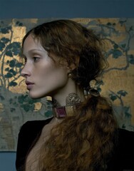 Elegant Woman in Ornate Fabric with Soft Light and Artistic Mood