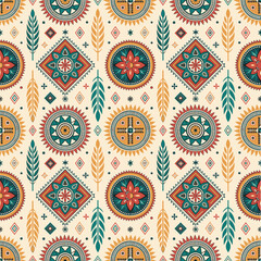 Bohemian Festival Art Repeat. Colourful Hand-Drawn Native and Folkloric Design Perfect for AOP Print.