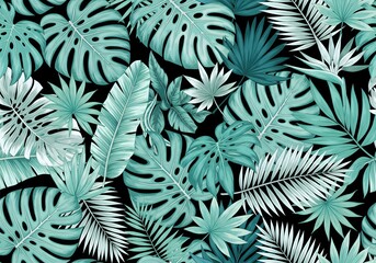 Stunning seamless pattern of tropical leaves in trendy teal tones perfect for vibrant summer designs and elegant botanical backgrounds