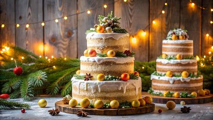 Beautiful Christmas dessert table with cakes ornaments pine cones and festive lights creating cozy atmosphere filled with joy sweetness and family happiness