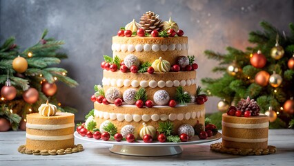 Holiday cakes beautifully decorated with snowflakes ornaments and lights delicious desserts symbolizing festive joy family togetherness and New Year spirit