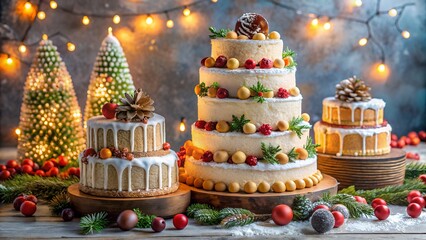 Charming Christmas cakes surrounded by ornaments and fairy lights creating cozy winter mood representing joy family celebration and holiday sweetness