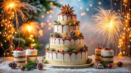 New Year cakes beautifully decorated with berries icing and lights festive composition symbolizing happiness family unity and sweet winter holidays atmosphere