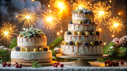 New Year cake display with Christmas decorations shining lights and sweet details representing warmth love and celebration of winter holidays
