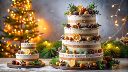 Festive Christmas cakes on decorated background with pine branches red berries and ornaments beautiful dessert arrangement symbolizing winter magic and joyful celebration