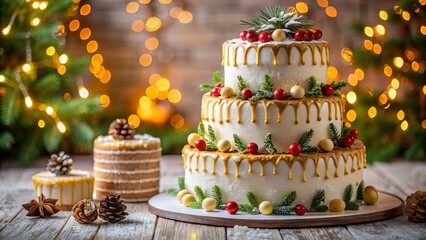 Holiday cakes with Christmas decorations shining lights and warm winter atmosphere symbolizing celebration family joy and delicious festive treats for seasonal events
