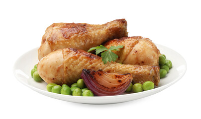 Grilled chicken drumsticks, green peas, onion and parsley isolated on white
