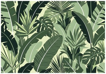 Lush botanical illustration of tropical leaves creating a vibrant jungle pattern, perfect for textiles, wallpaper, and modern design projects