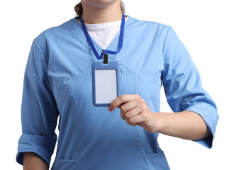 Medical worker with blank badge on white background, closeup