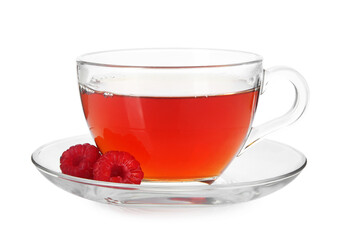 Cup of delicious tea and raspberries isolated on white