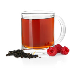 Cup of delicious tea, raspberries and brew isolated on white