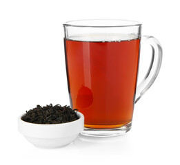 Cup of delicious tea and brew isolated on white