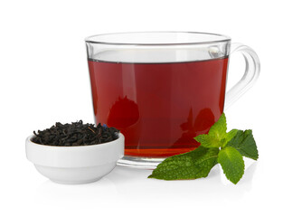 Cup of delicious tea, mint and brew isolated on white