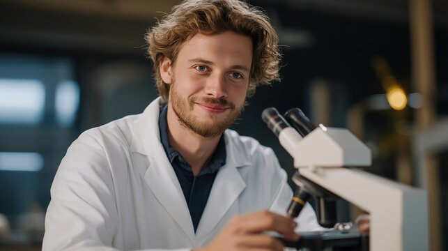 Researcher adjusting microscope connected to neural network analyzer predicting molecular properties, emotion of precision visible, representing AI-driven materials analysis, digital