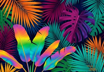 Vibrant tropical leaves create a stunning colorful jungle backdrop perfect for summer designs and eye-catching social media graphics
