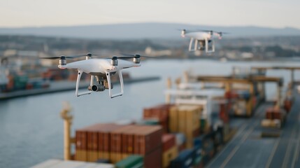 Futuristic seaport with AI-guided drone inspections of shipping containers, emotion of precision and security visible, representing automated maritime surveillance, industrial safety, and next-gen