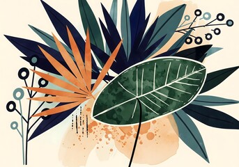 Elegant botanical illustration with vibrant leaves and modern abstract elements for creative design projects and nature-inspired themes