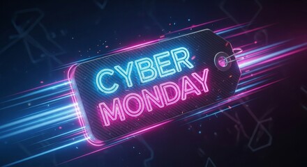Cyber Monday digital technology price tag with circuit board elements and neon glow. Online shopping sale concept for discount promotion.