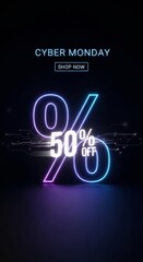 Cyber Monday 50 percent off text with neon effect and shop now button. E-commerce marketing promotion and online sale for Cyber Monday.