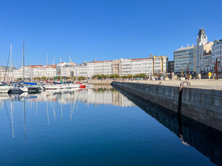 A Coruna marina and the traditional balconies of the city buildings