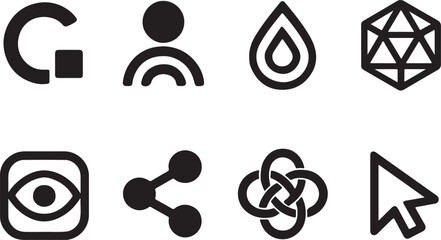 Collection of modern interface icons featuring user people data, network eye, and geometric shapes