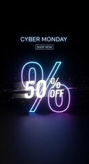 Cyber Monday 50 percent off text with neon effect and shop now button. E-commerce marketing promotion and online sale for Cyber Monday.