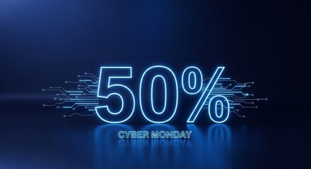 Cyber Monday 50 percent off text with neon effect and shop now button. E-commerce marketing promotion and online sale for Cyber Monday.