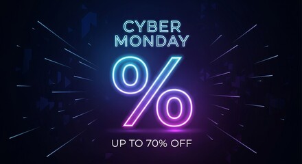 Cyber Monday neon sign with percentage symbol for holiday marketing. Sales event advertisement. Discount promotion banner.