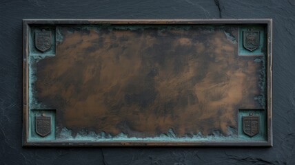 Aged bronze plaque with heraldic shields mounted on a dark stone surface with visible weathering