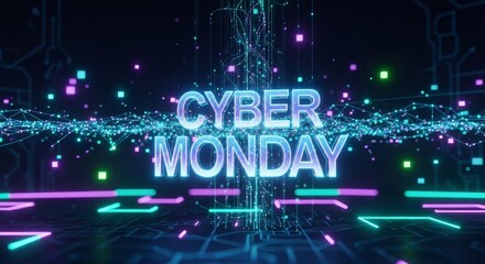 Cyber Monday text 3D render with glowing digital circuit board background. Holiday shopping event for online consumer sales and promotions.