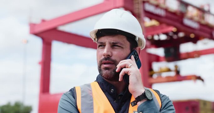 Phone call, inspection or man on site for logistics, tracking cargo or conversation on shipping service. Discussion, freight or customs officer in depot with tech, ppe or safety assurance of export.