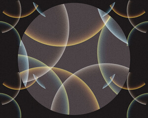 Abstract geometric pattern with glowing translucent circles and arcs on a dark textured background