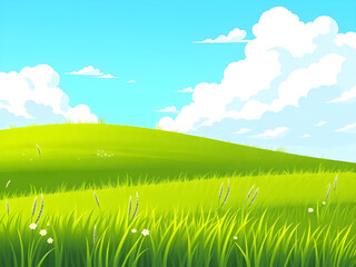 Obraz premium green, field, meadow, blue sky, clouds, background, vector, illustration, landscape, nature, scenery, grass, horizon, sunny, outdoor, tranquil, peaceful, natural, vibrant, summer, rural, countryside, 