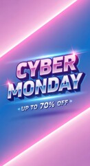 Cyber Monday sale banner with 3D text and glowing neon elements. Promotion for online shopping event with discount offer on vibrant background.