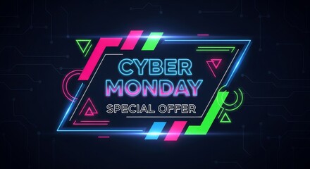 Neon Cyber Monday special offer text on dark black background with abstract colorful geometric shapes. Discount template for advertisement banner.