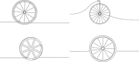 A group of Bicycle wheel one continuous line art, Vector illustration, One line art, Line art graphic style