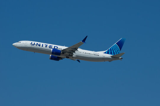 United Airlines Boeing 737 Max 9, N37551, shown departing LAX in Los Angeles, California, United States, April 6, 2024.