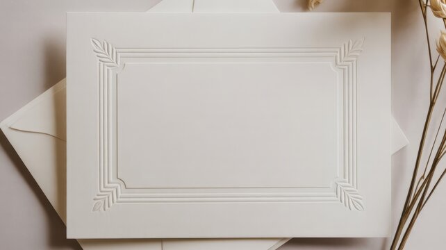 Elegant white invitation card with embossed frame and envelope on a neutral background