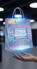 Woman hand holding a holographic shopping bag with cyber monday circuit pattern. Online shopping deals for digital commerce and sale event.