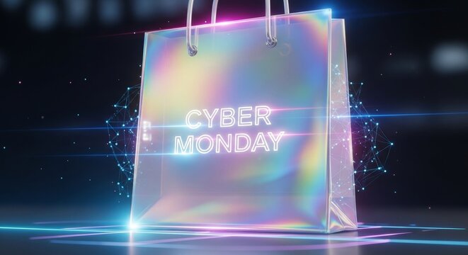 Woman hand holding a holographic shopping bag with cyber monday circuit pattern. Online shopping deals for digital commerce and sale event.