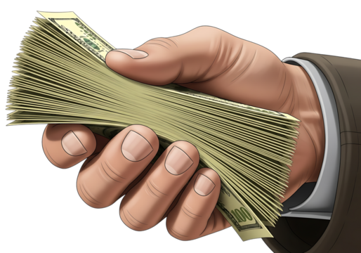 Hand holding a stack of money isolated on transparent background, symbolizing wealth, finance, and the pursuit of financial success