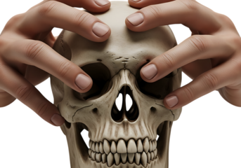 Human skull with hands on the head isolated on transparent background, a macabre concept