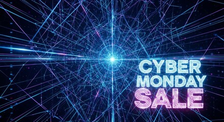 Cyber Monday Sale text in glowing blue and pink neon on a dark background with data lines. Digital business promotion banner for shopping event.